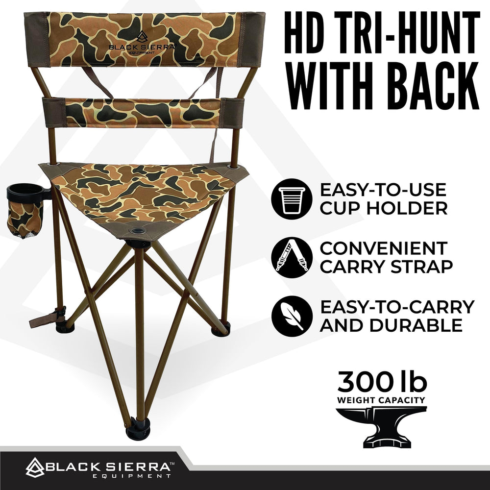 Black Sierra Equipment XL tripod hunting stool carry shoulder strap enables hands-free carry.