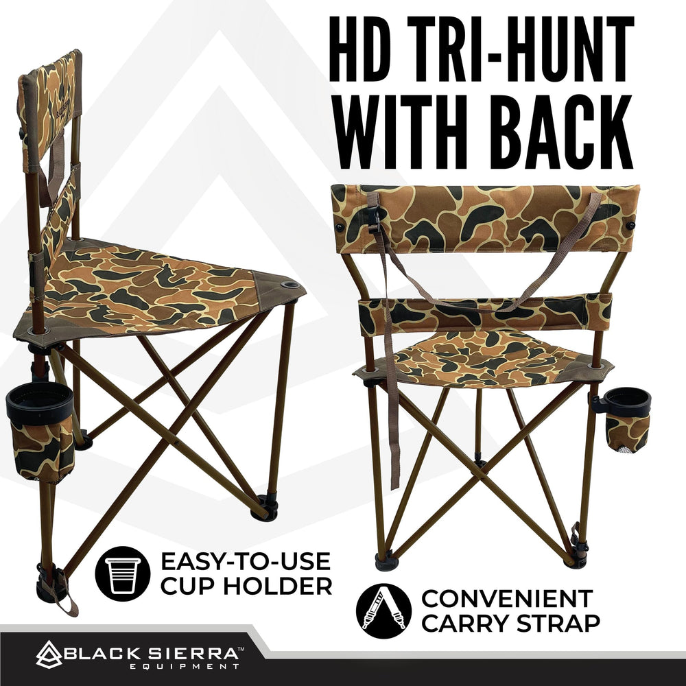 Black Sierra Equipment XL tripod hunting stool close-up seat detail highlights sturdy construction.