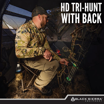 Black Sierra Equipment XL tripod hunting stool cupholder holds drinks within reach.