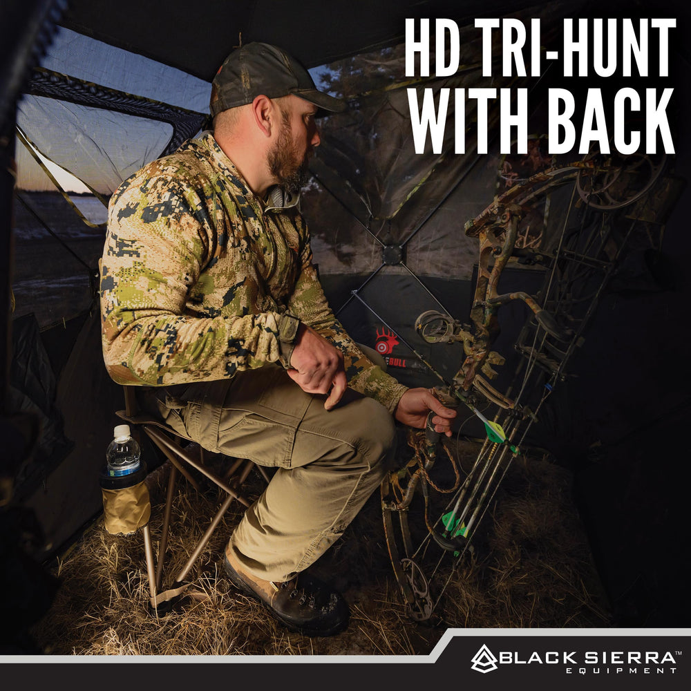 Black Sierra Equipment XL tripod hunting stool cupholder holds drinks within reach.