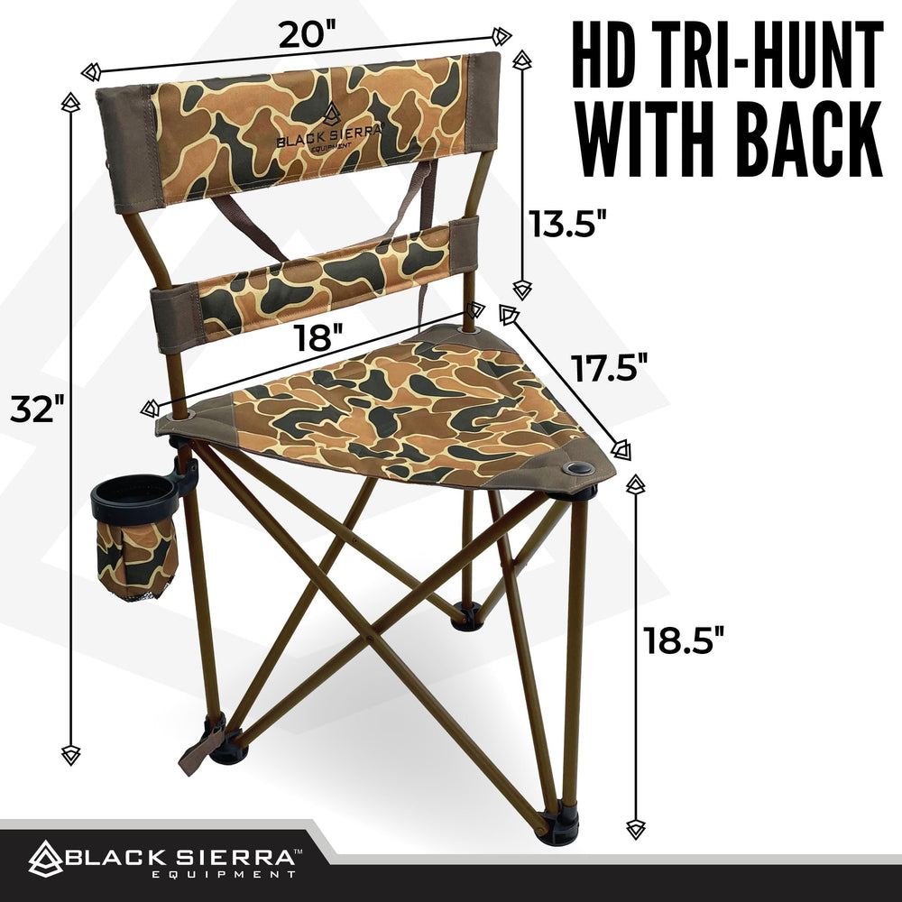 Black Sierra Equipment XL tripod hunting stool folded compact for easy transport.