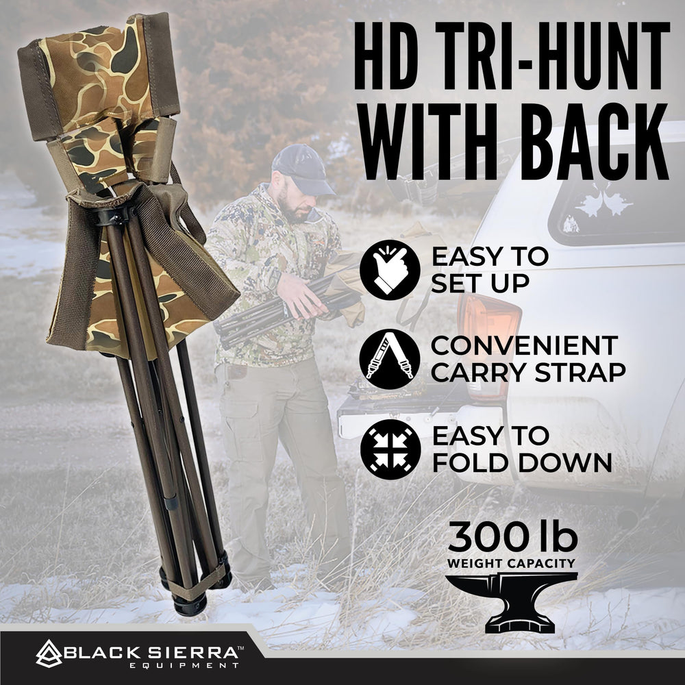 Black Sierra Equipment XL tripod hunting stool outdoor camping setup illustrates versatility.