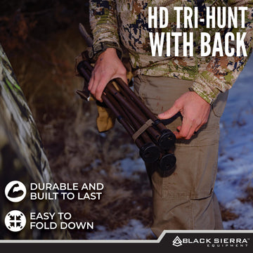 Black Sierra Equipment XL tripod hunting stool steel frame emphasizes durability for rugged use.