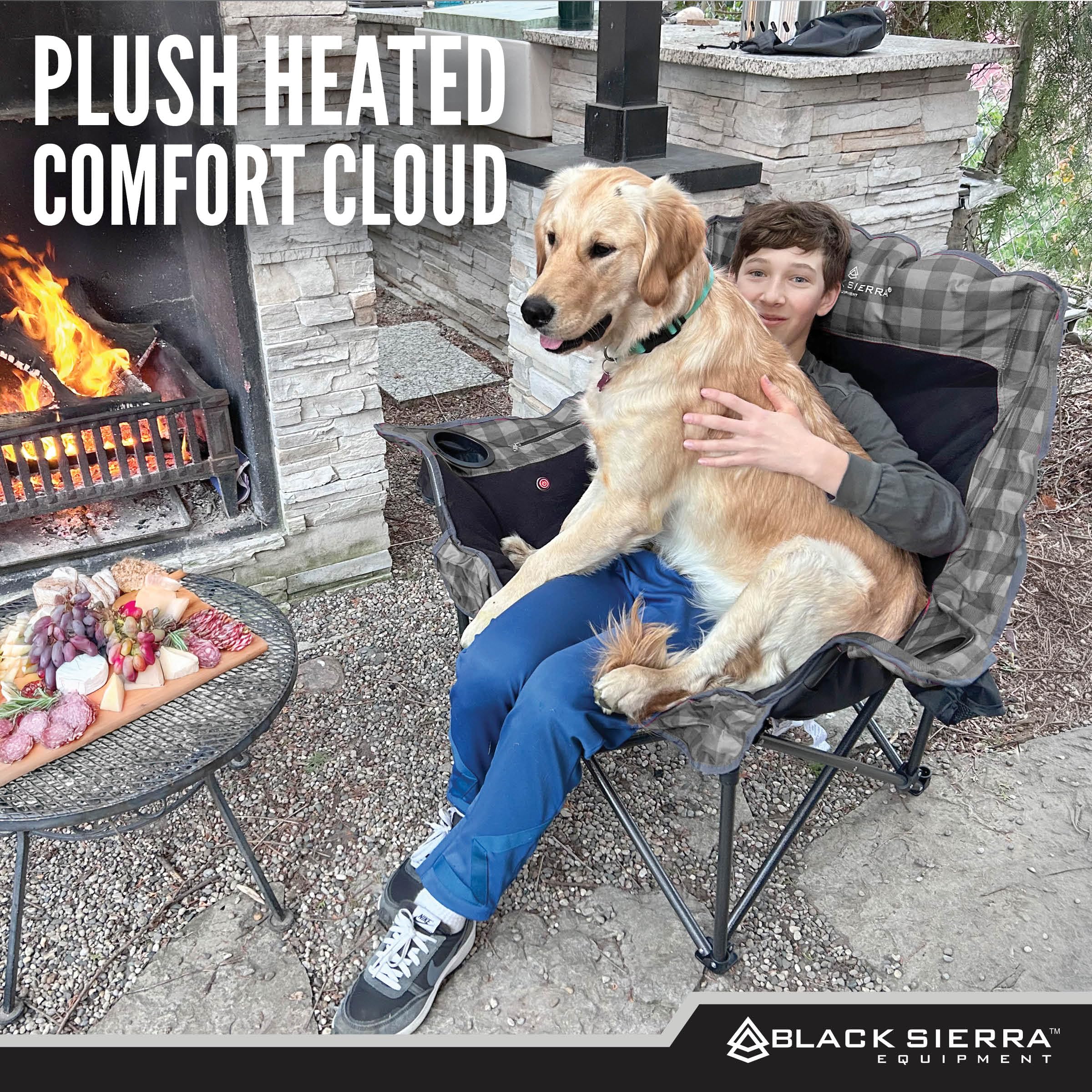 Black Sierra Heated Fleece Chair 10,000mAh battery pack powers warmth on the go.