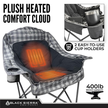 Black Sierra Heated Fleece Chair folds compactly into a carry bag.