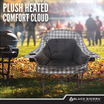 Black Sierra Heated Fleece Chair perfect for tailgating and patio lounging.