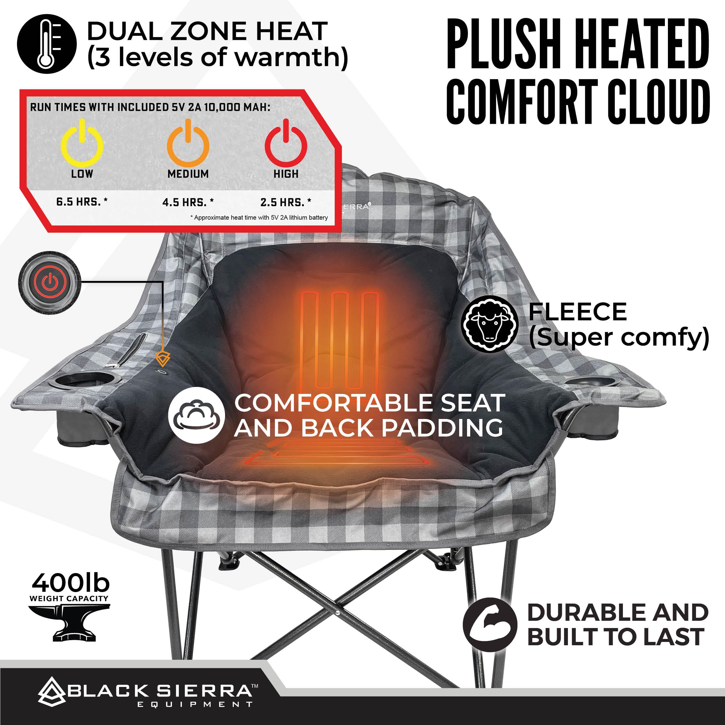 Black Sierra Heated Fleece Chair three temperature settings for personalized comfort.