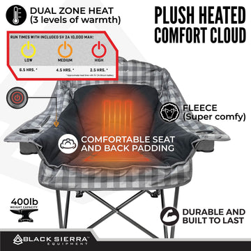 Black Sierra Heated Fleece Chair three temperature settings for personalized comfort.