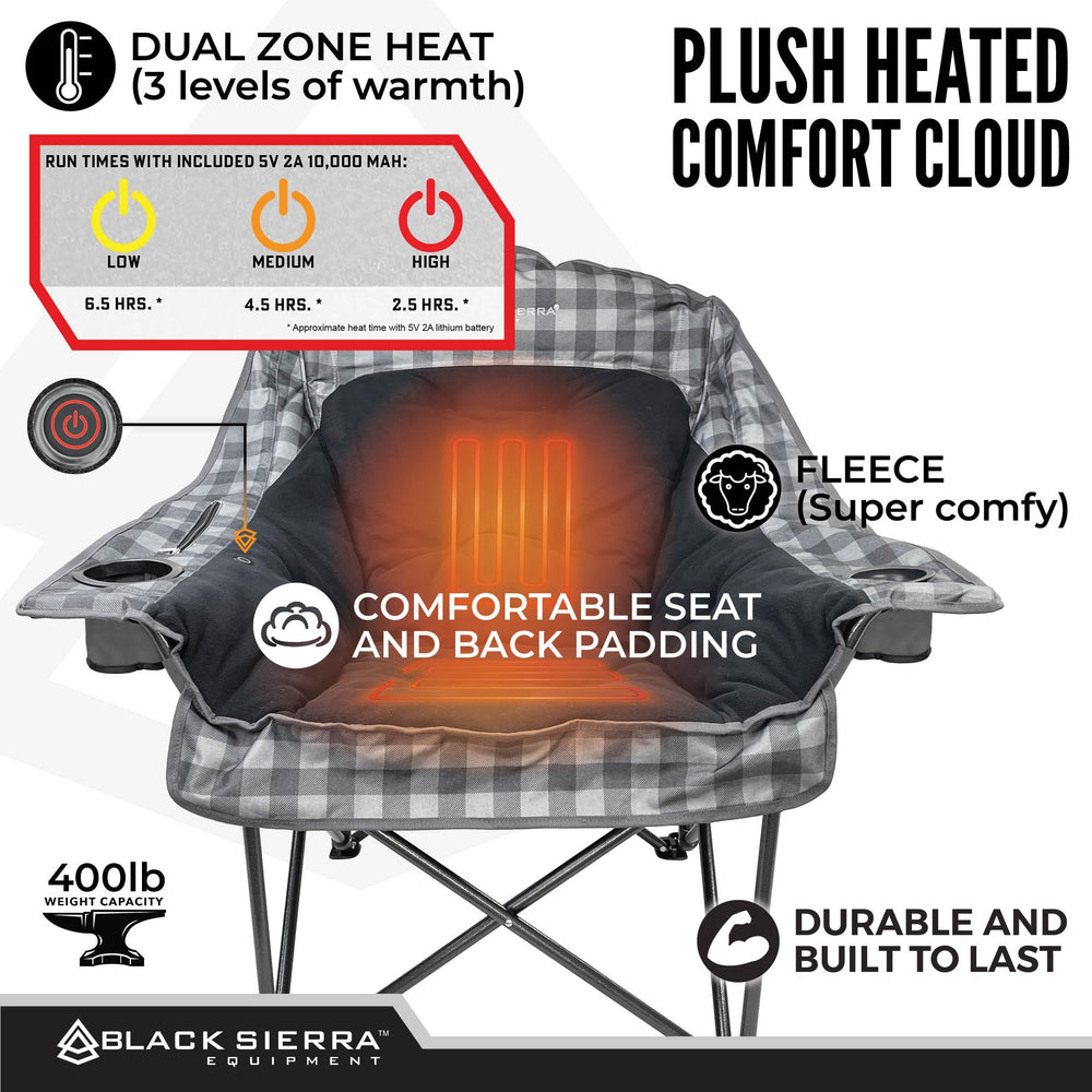 Black Sierra Heated Fleece Chair three temperature settings for personalized comfort.