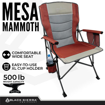 Black Sierra Oversized Camping Chair steel frame highlights 500 lb weight capacity.