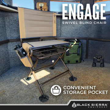 Black Sierra sling-seat closeup highlights padded 600D comfort for all-day sits.
