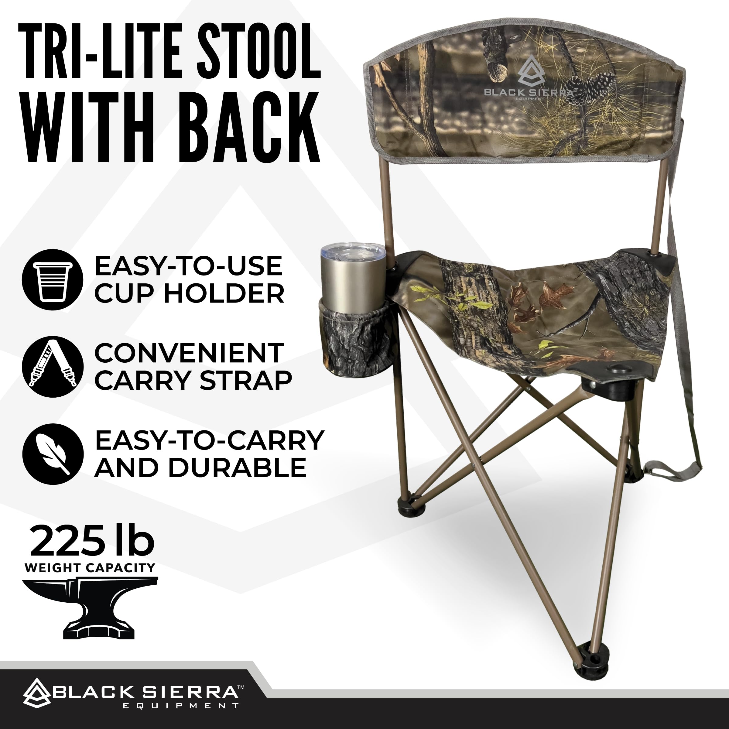 Black Sierra XL Tri-Lite stool weighs 3.7 lb for quick trips.
