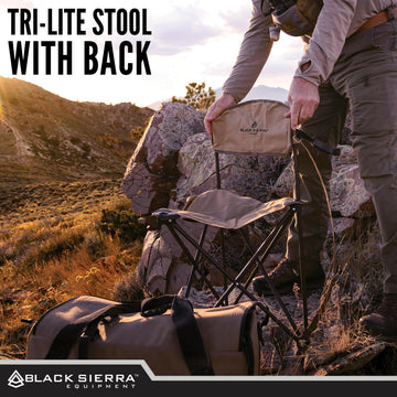 Black Sierra XL Tri-Lite stool with carry strap enables easy transport.