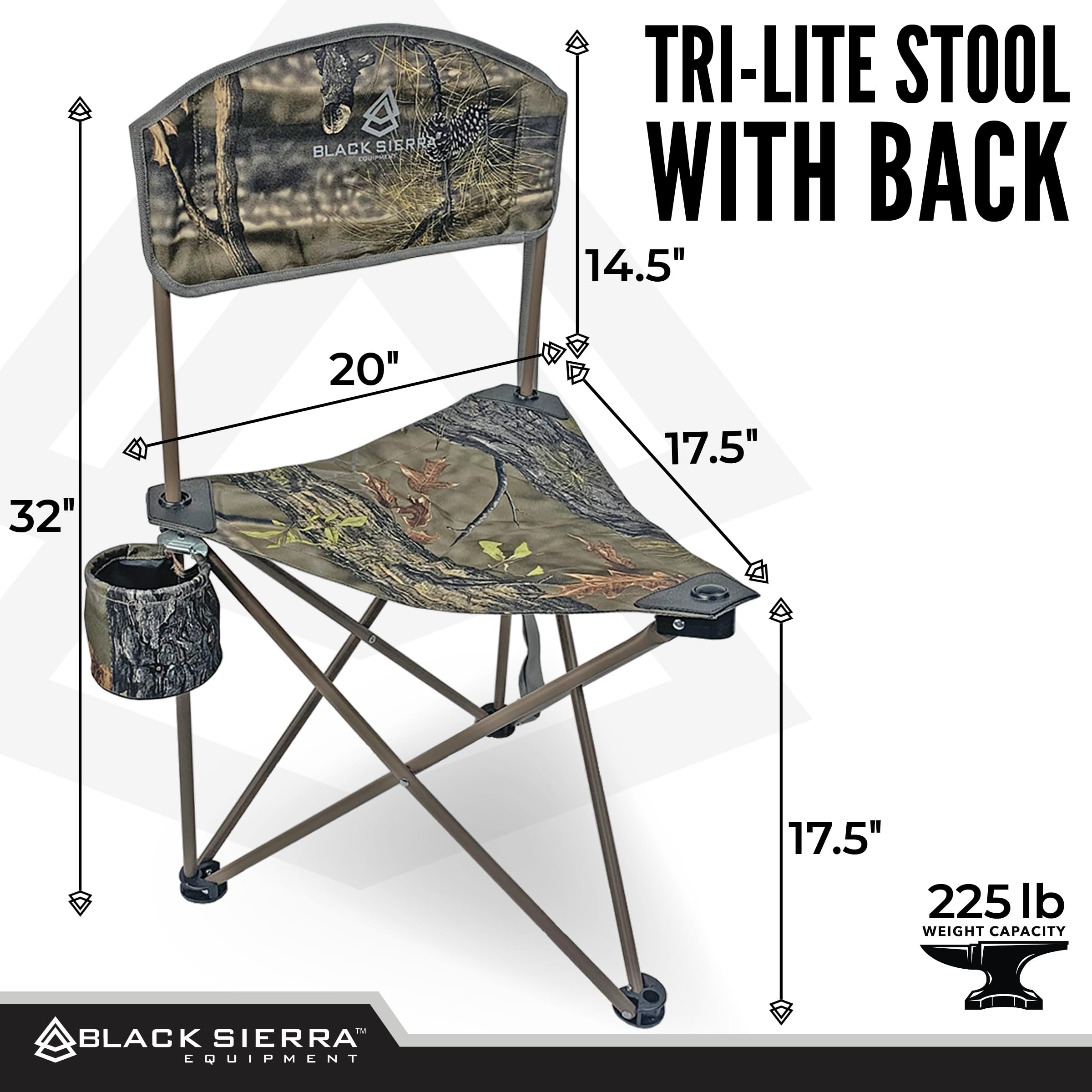 Black Sierra XL Tri-Lite hunting stool folded compact for backpack packing.
