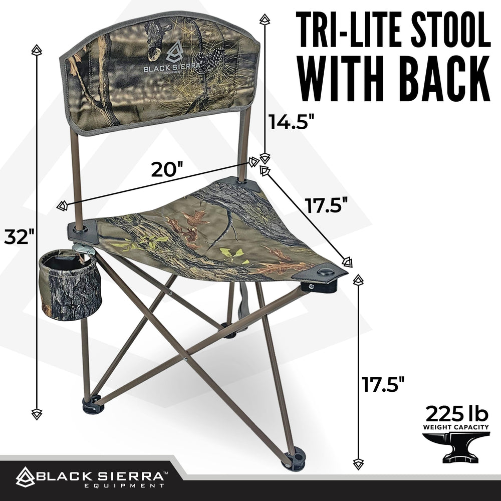Black Sierra XL Tri-Lite hunting stool folded compact for backpack packing.