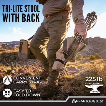 Black Sierra XL Tri-Lite stool on rugged terrain delivers stable seating.