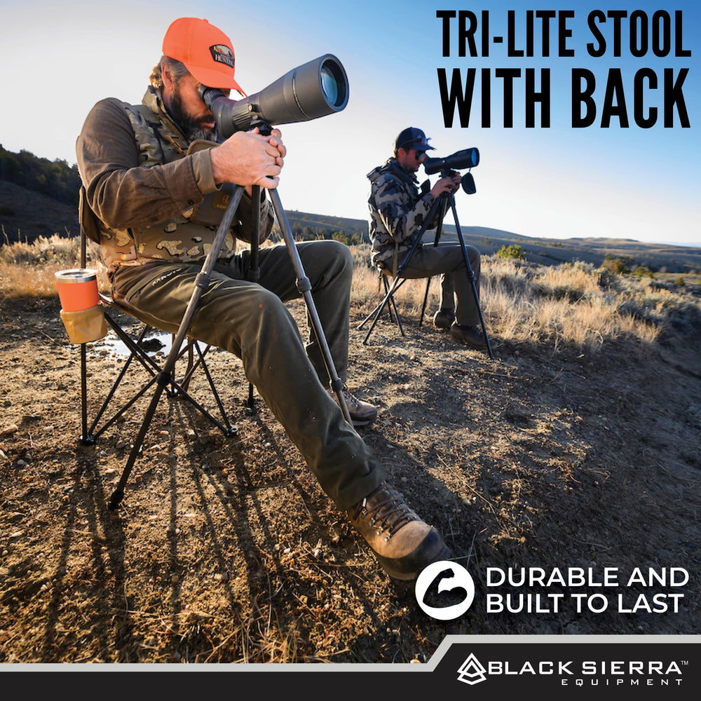 Black Sierra XL Tri-Lite stool with tri-leg design for uneven ground.