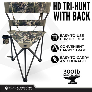 Black Sierra XL Tripod Stool backrest offers ergonomic support during long outdoor sessions.