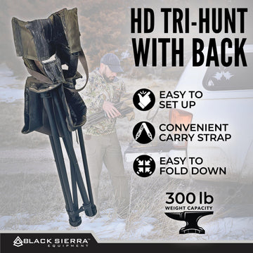 Black Sierra XL Tripod Stool 300 lbs capacity for sturdy outdoor seating.