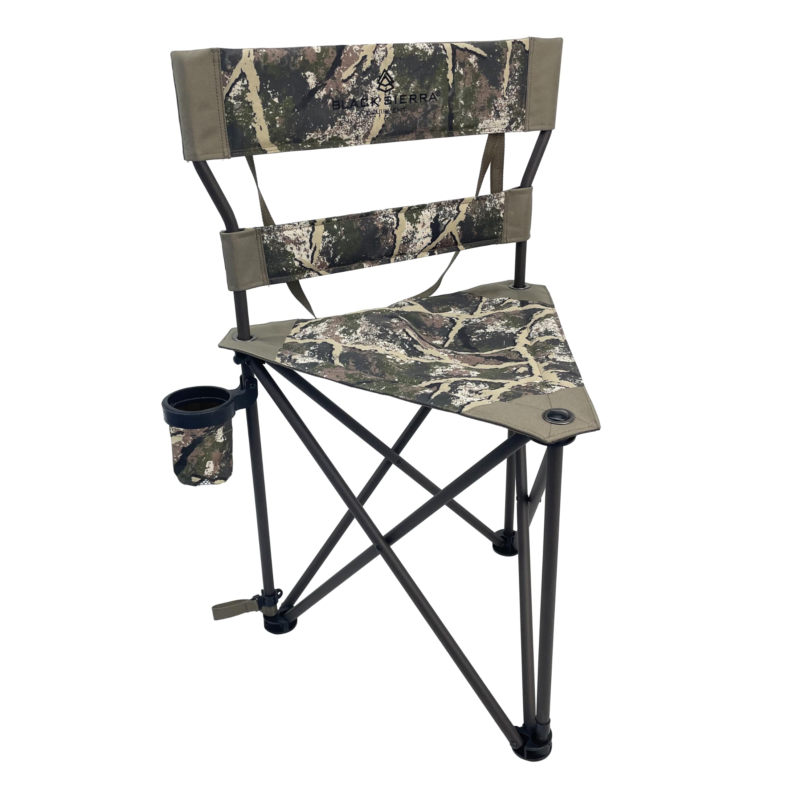 Black Sierra XL Tripod Stool folded for compact transport during camping or travel.