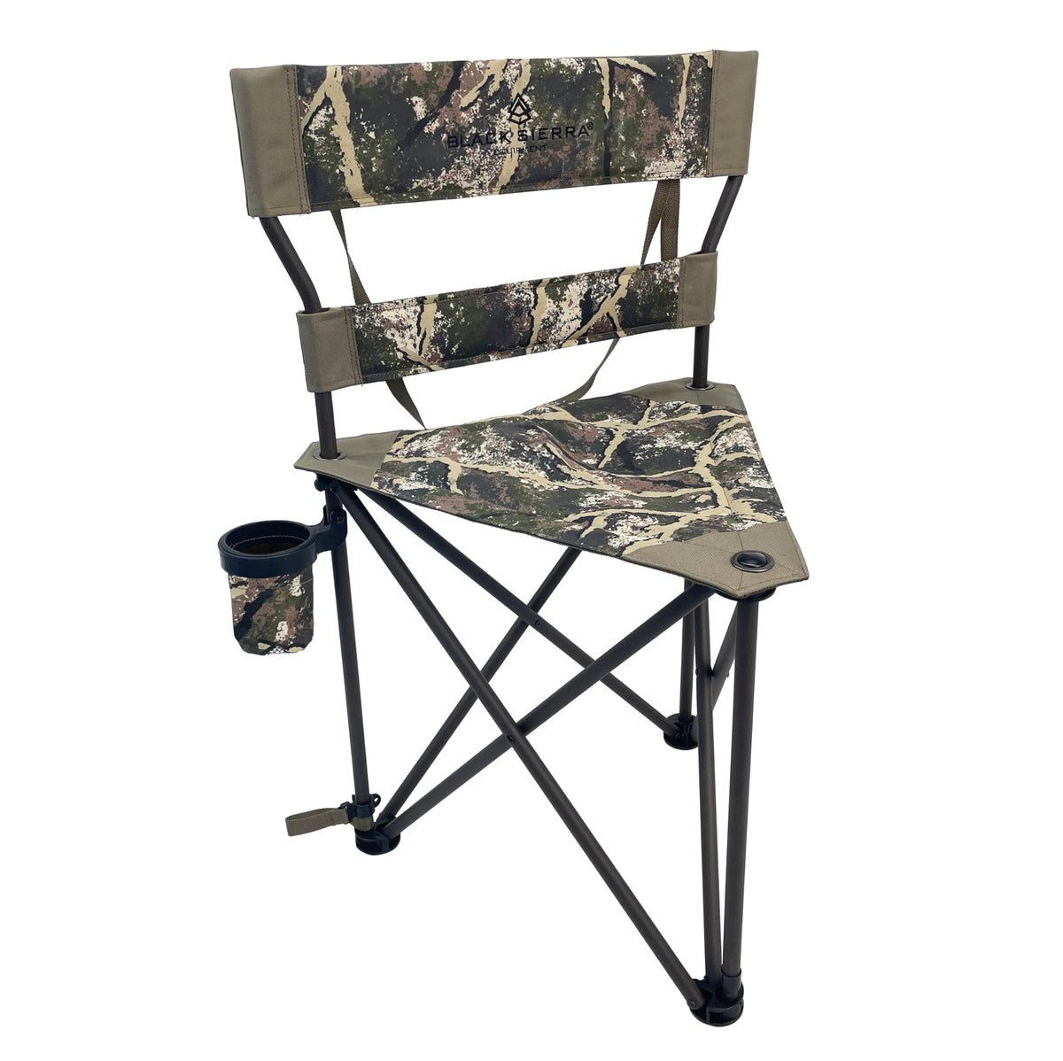 Black Sierra XL Tripod Stool folded for compact transport during camping or travel.