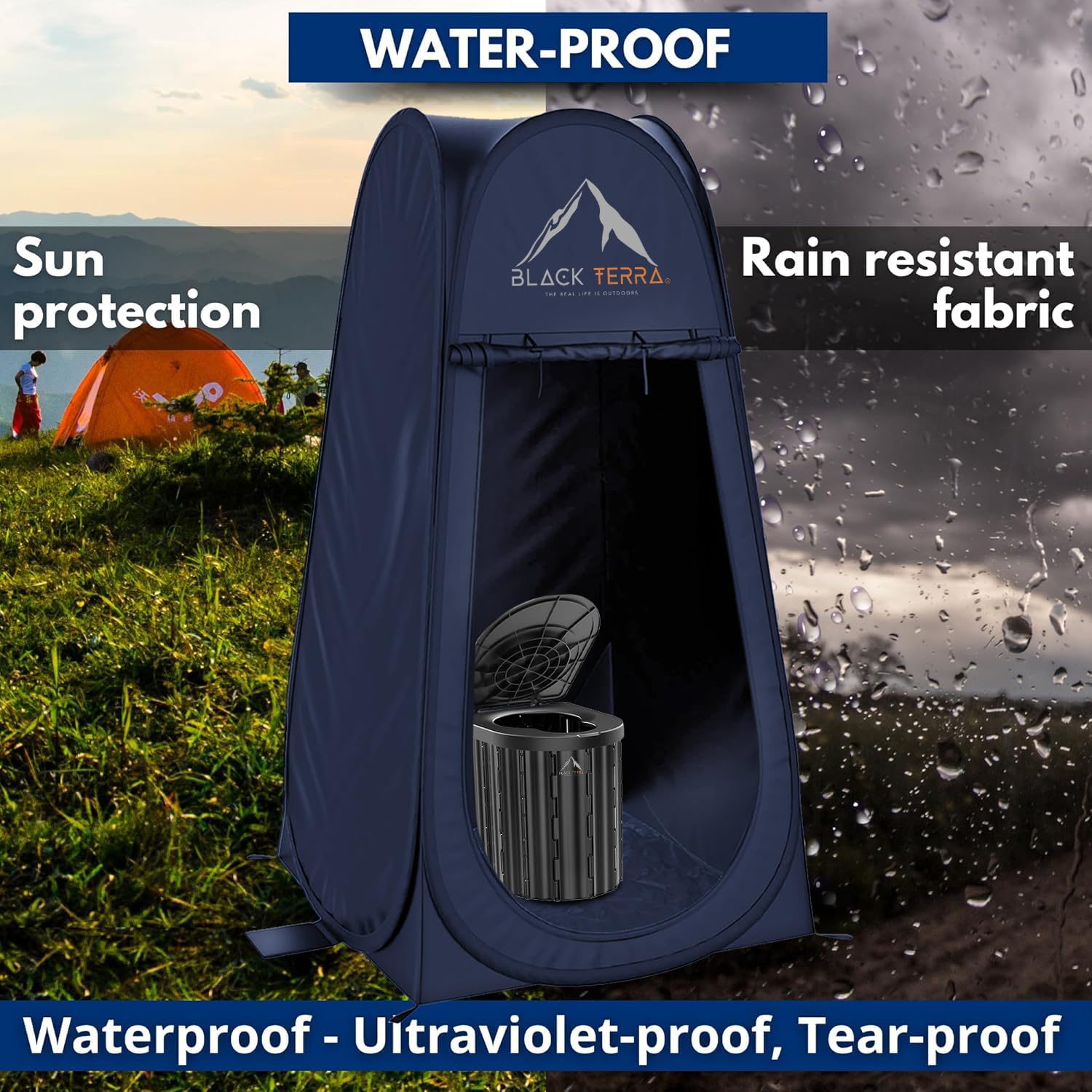 Black Terra outdoor bathroom tent provides shelter and privacy during road trips
