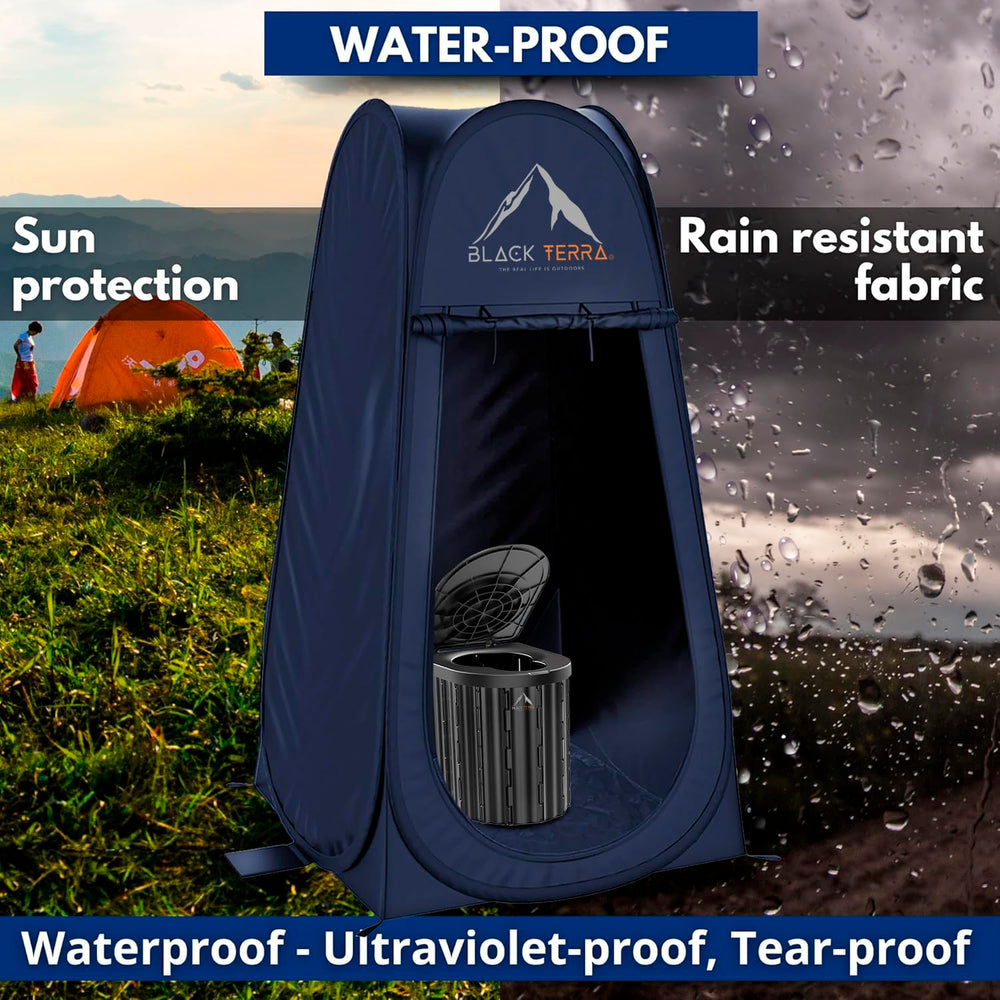 Black Terra outdoor bathroom tent provides shelter and privacy during road trips