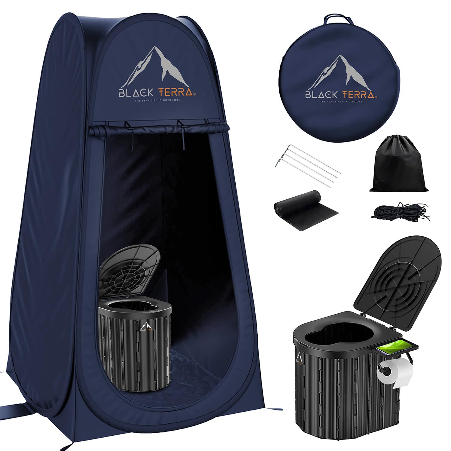 Black Terra portable toilet adults setup shows quick assembly for outdoor trips