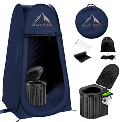 Black Terra portable toilet adults setup shows quick assembly for outdoor trips