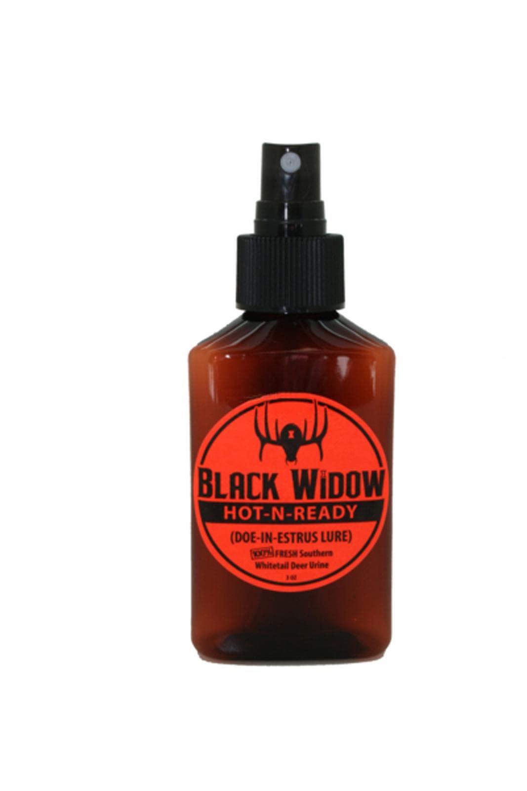 Black Widow Red Label Southern doe estrus spray in a 3oz amber bottle for regional scent lure.