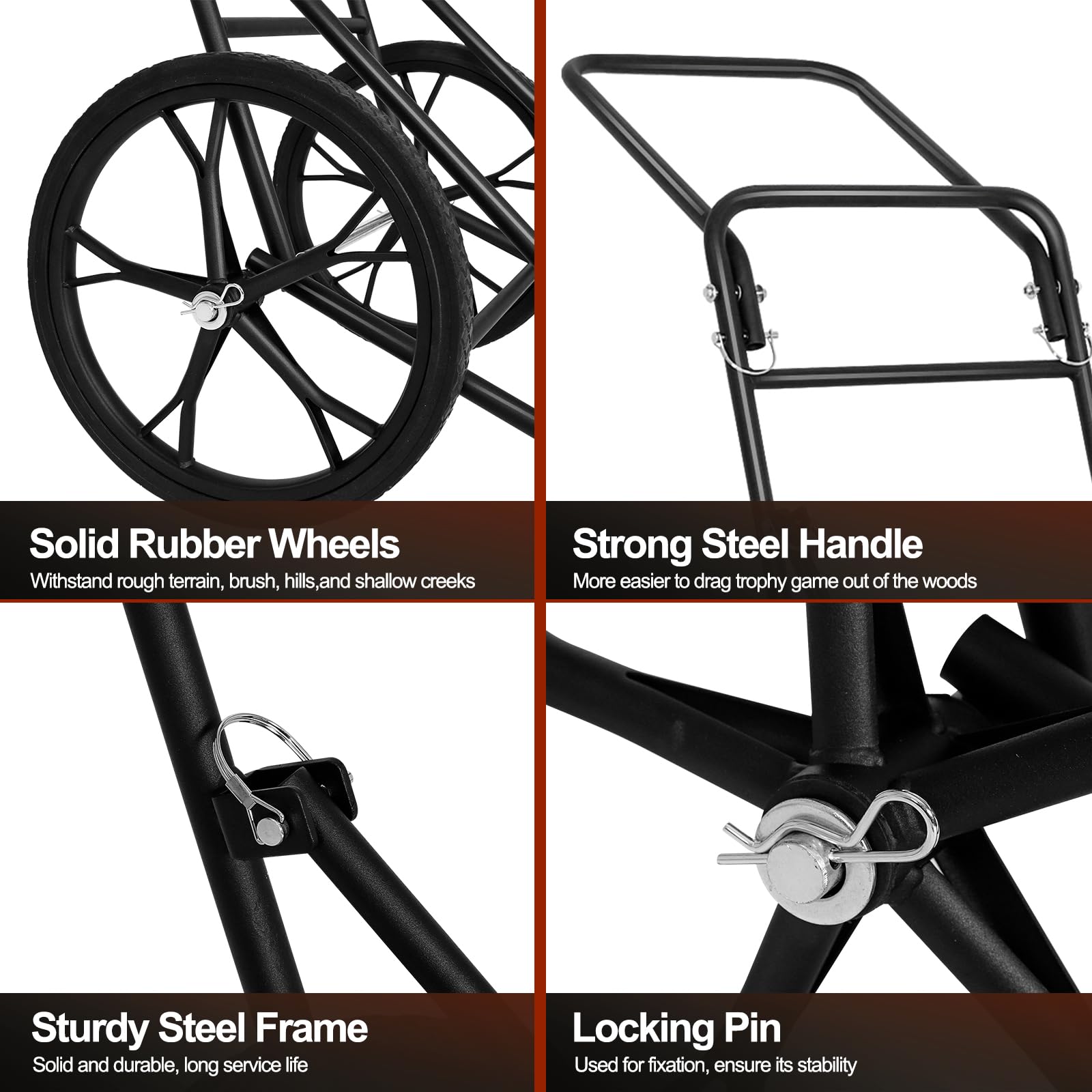 Ergonomic handle on BLACKHORSE-RACING deer cart reduces fatigue during hauling.