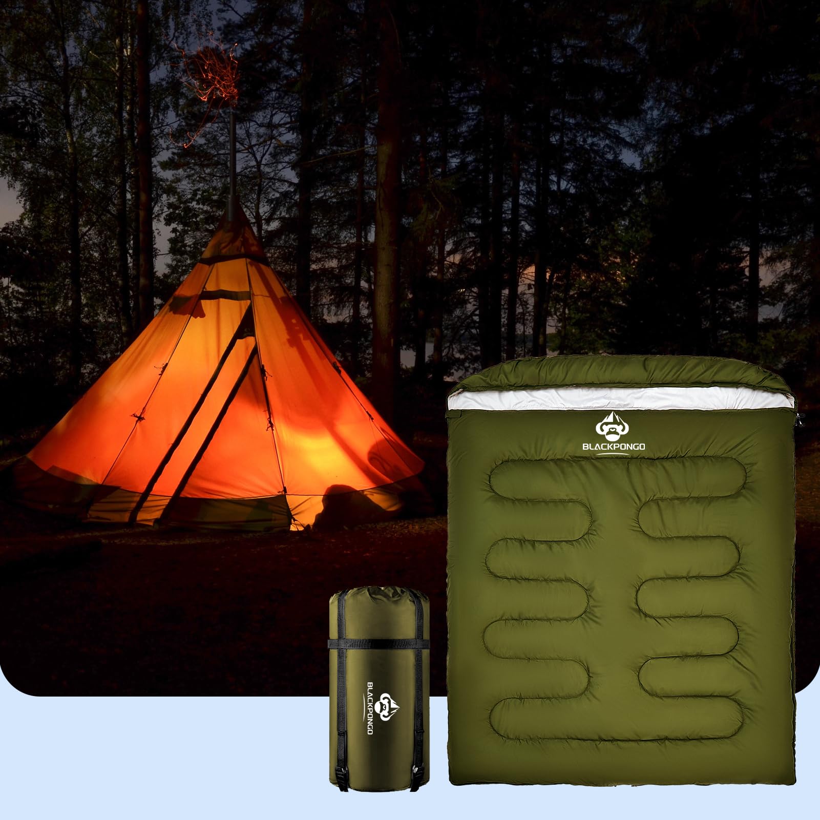 Blackpongo sleeping bag usable indoors or outdoors for family camping