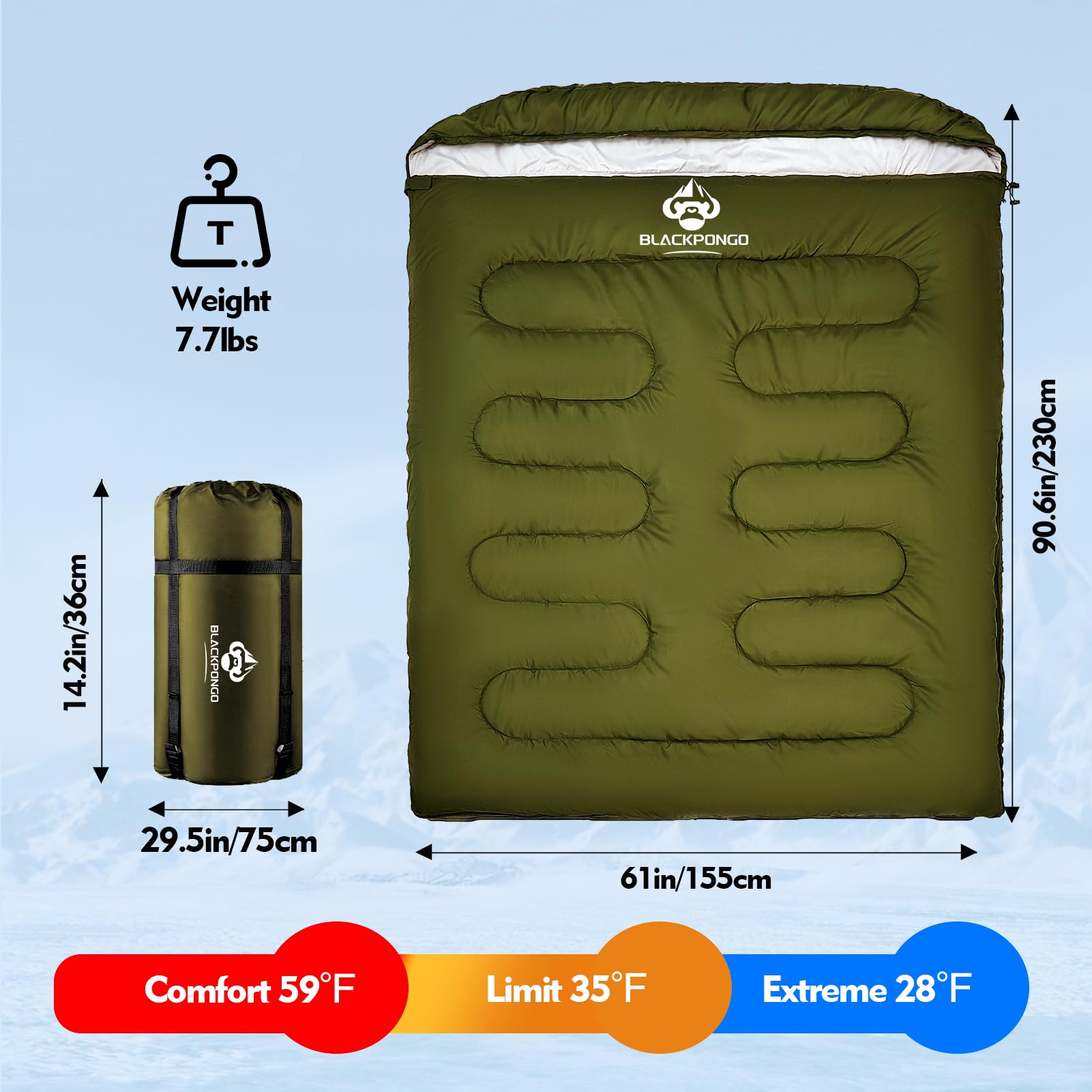 Blackpongo double sleeping bag queen size ventilation showing foot vent for temperature control