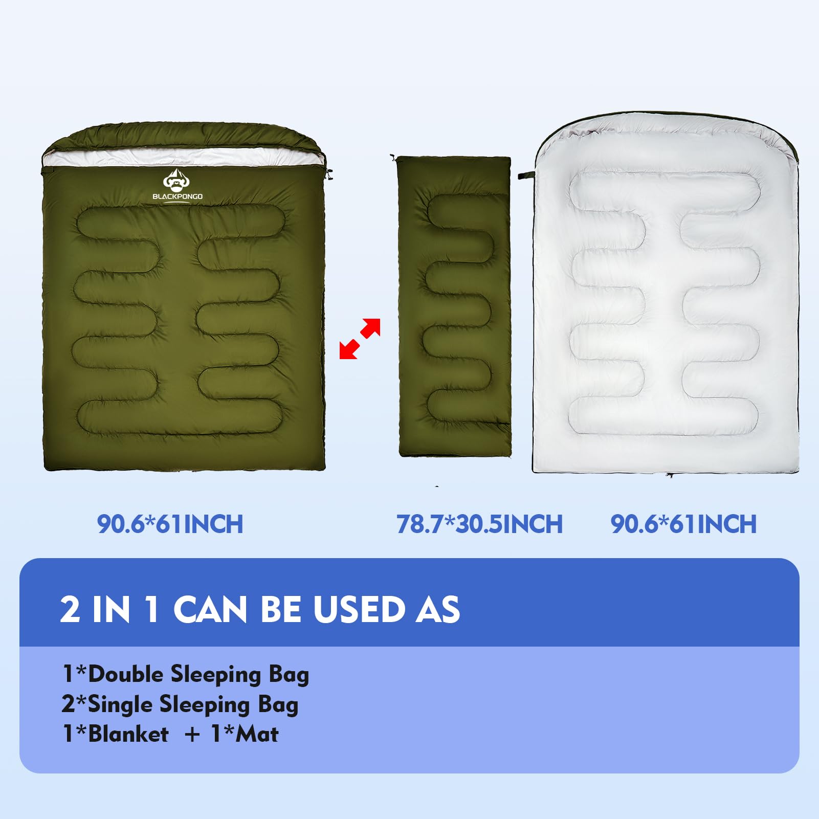 Blackpongo double sleeping bag two bags separation enabling versatile use as two blankets