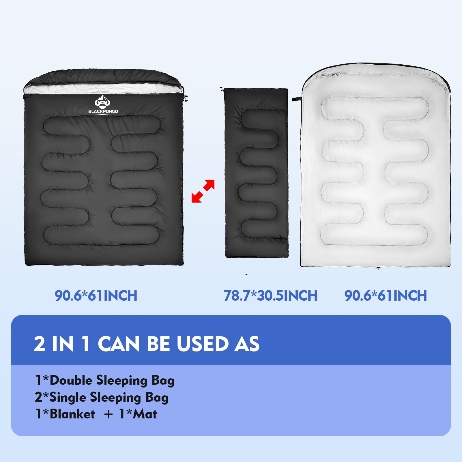 Blackpongo two-person zipper separation demonstrates flexible sleeping bag configuration.