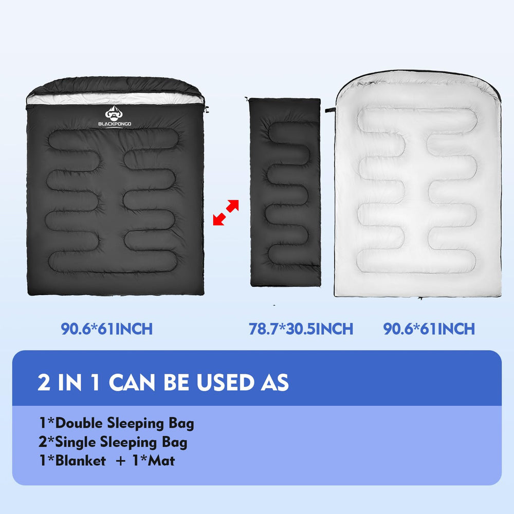 Blackpongo two-person zipper separation demonstrates flexible sleeping bag configuration.