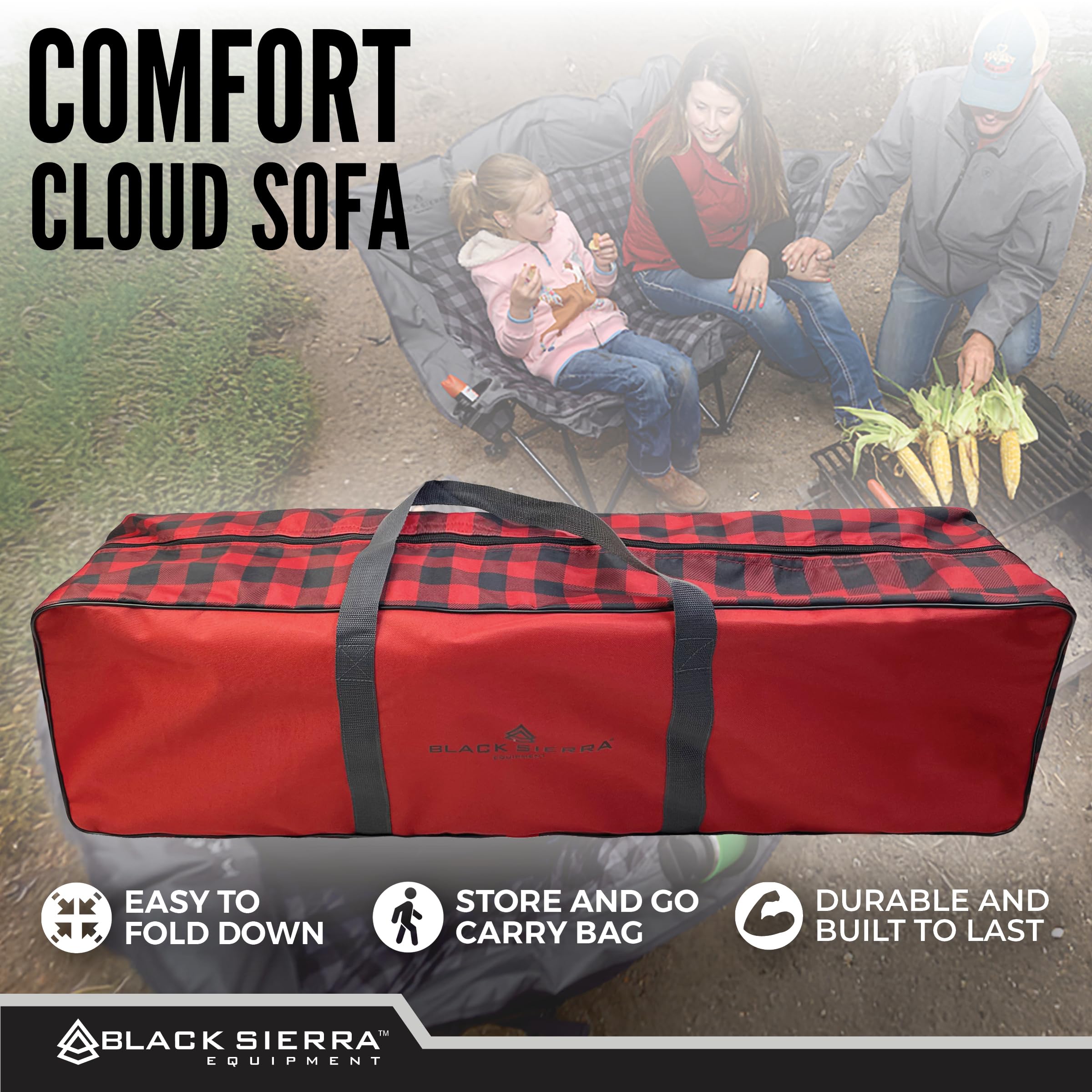 Black Sierra double camping chair includes carry bag for effortless packing.