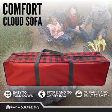 Black Sierra double camping chair includes carry bag for effortless packing.