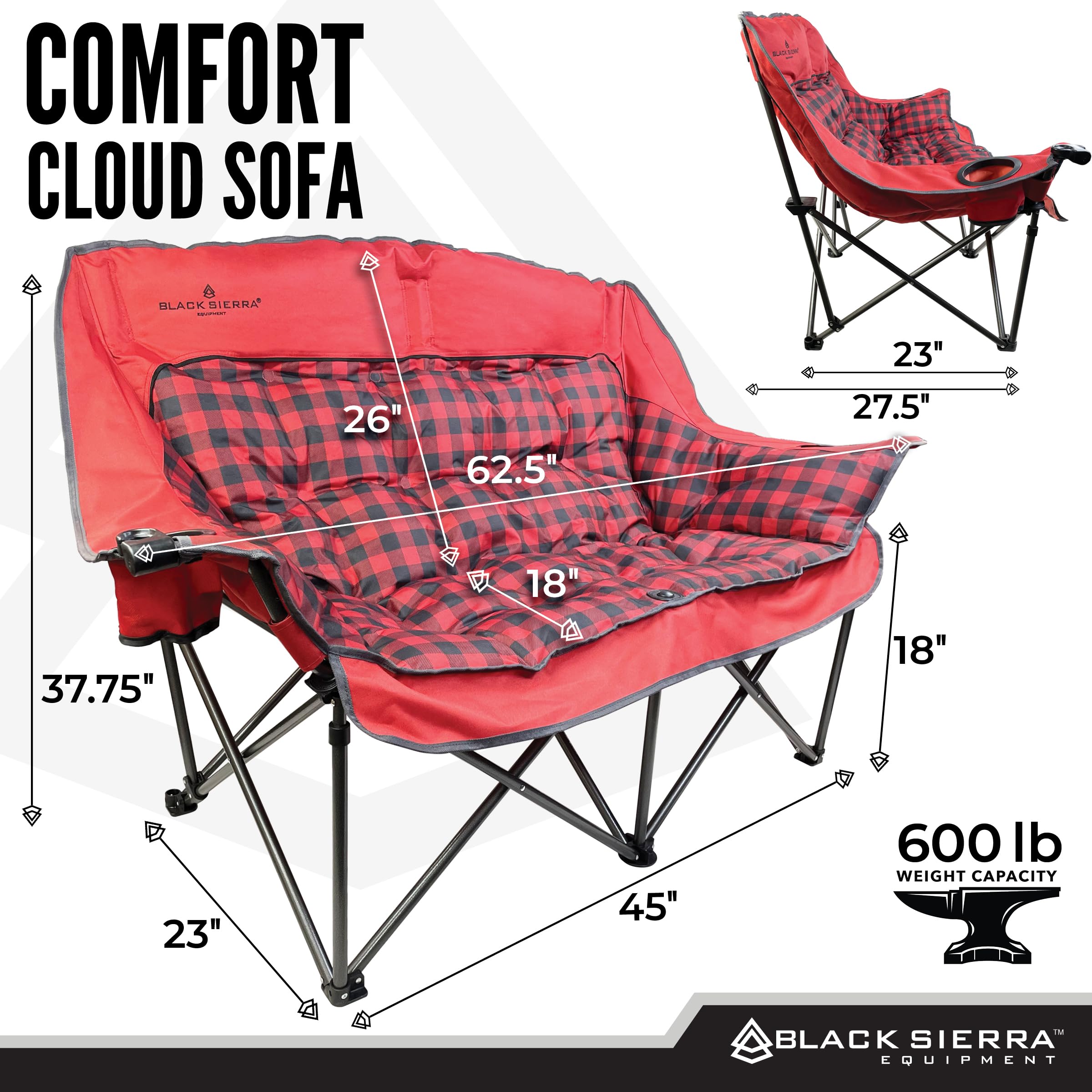 Black Sierra double camping chair with built-in cup holders keeps drinks handy.