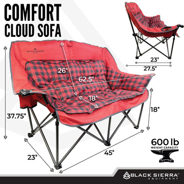 Black Sierra double camping chair with built-in cup holders keeps drinks handy.