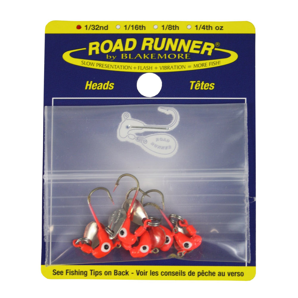 Blakemore Road Runner Bulk Head Hook in fluorescent red, 1/32 oz, five-pack, front view
