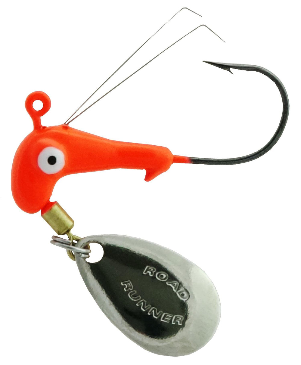 Blakemore Road Runner Weedless Heads close-up, underspin blade creates flash to attract predators.