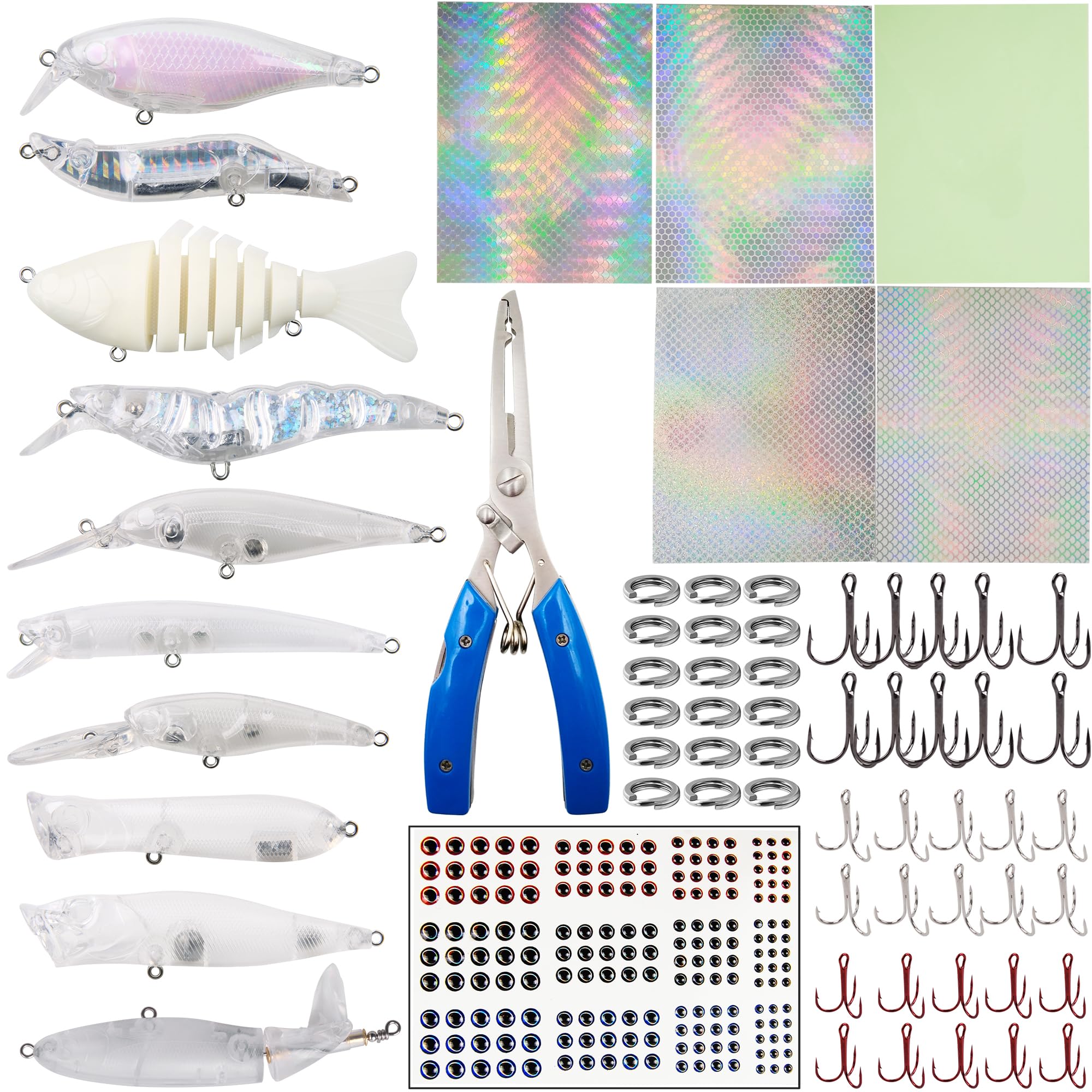 Blank fishing lure kit with unpainted lures and pliers