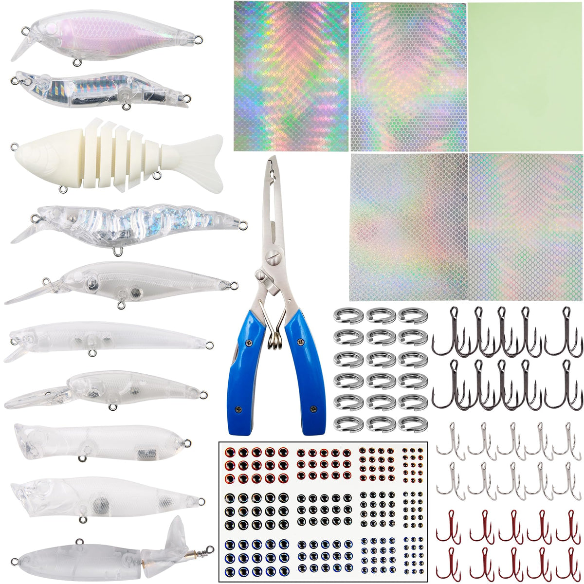 Blank fishing lure kit with unpainted lures and pliers