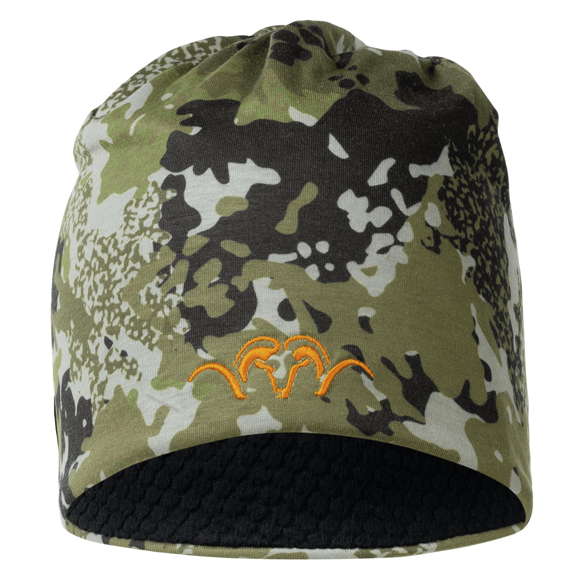 Blaser men's outdoor hunting beanie in camo front view showing concealment for cold hunts.