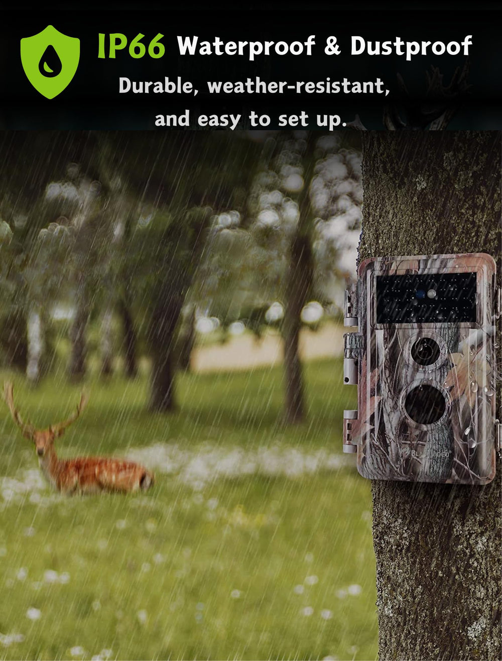 BlazeVideo trail camera battery life indicator highlights long standby up to eight months.