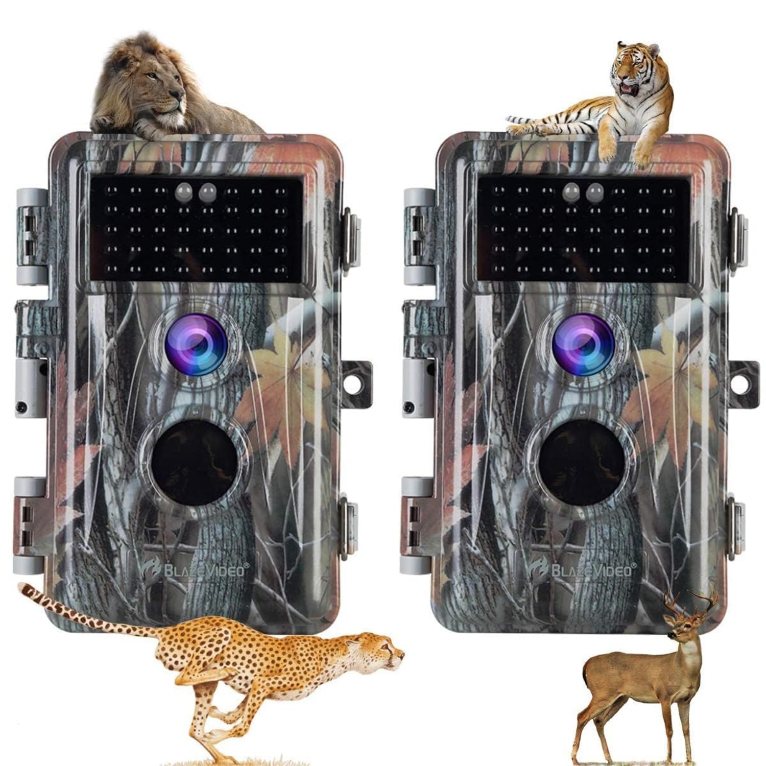 BlazeVideo trail camera front view for rugged outdoor monitoring and wildlife surveillance.