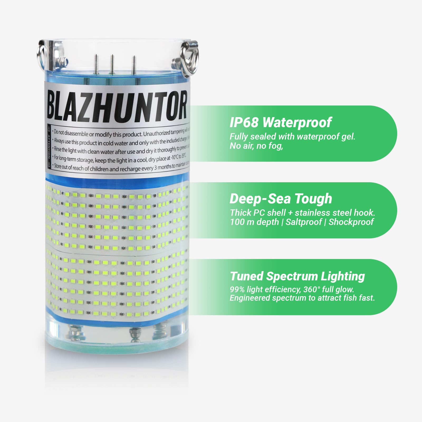 BLAZHUNTOR cordless underwater light showing battery-powered operation