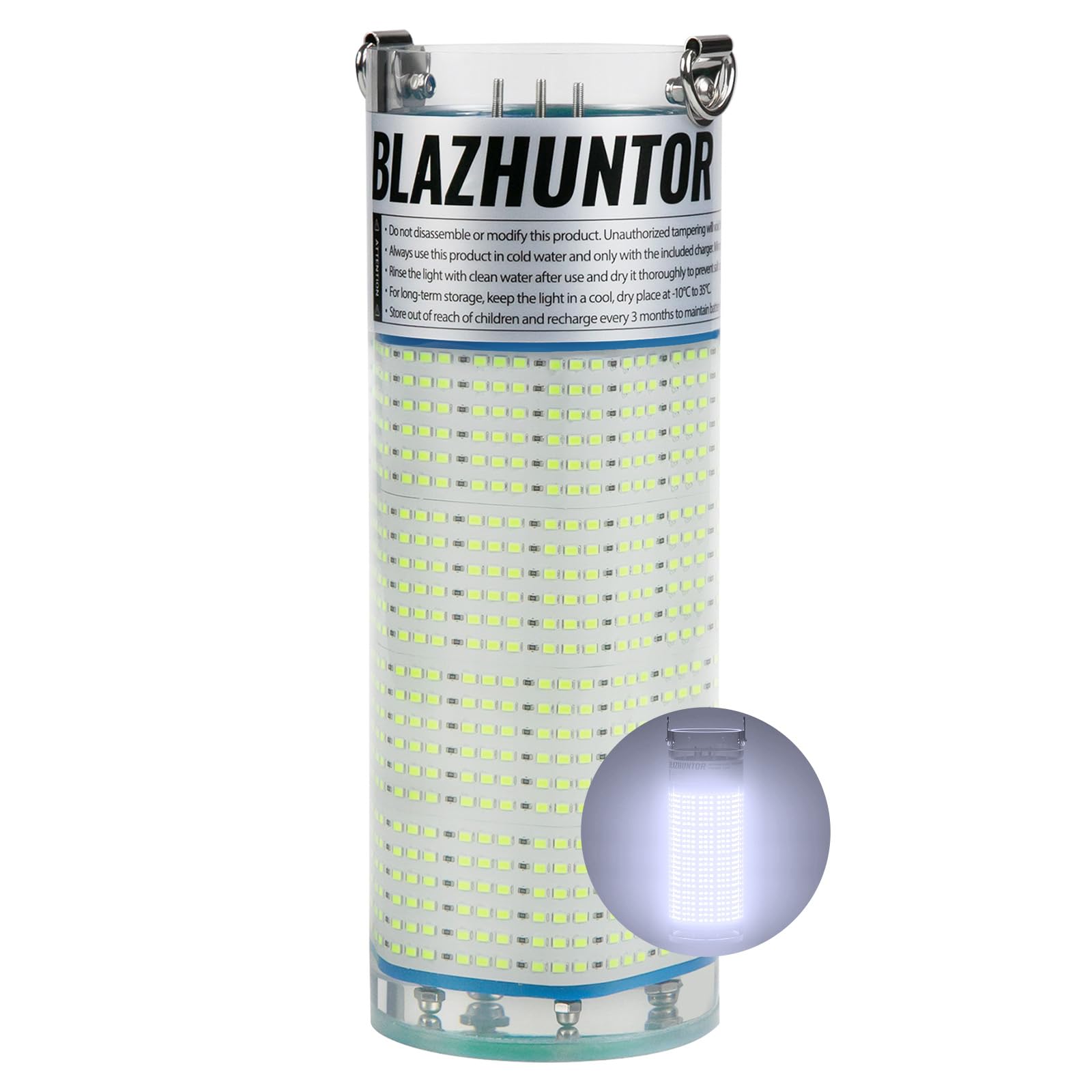 Blazhuntor rechargeable underwater light in water illuminates night fishing zones.