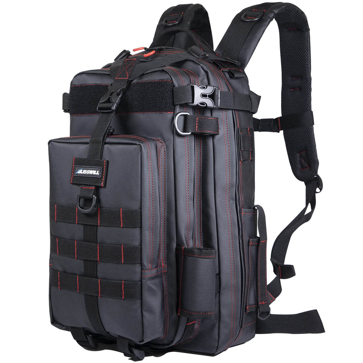 BLISSWILL Fishing Backpack waterproof front view with rod holder